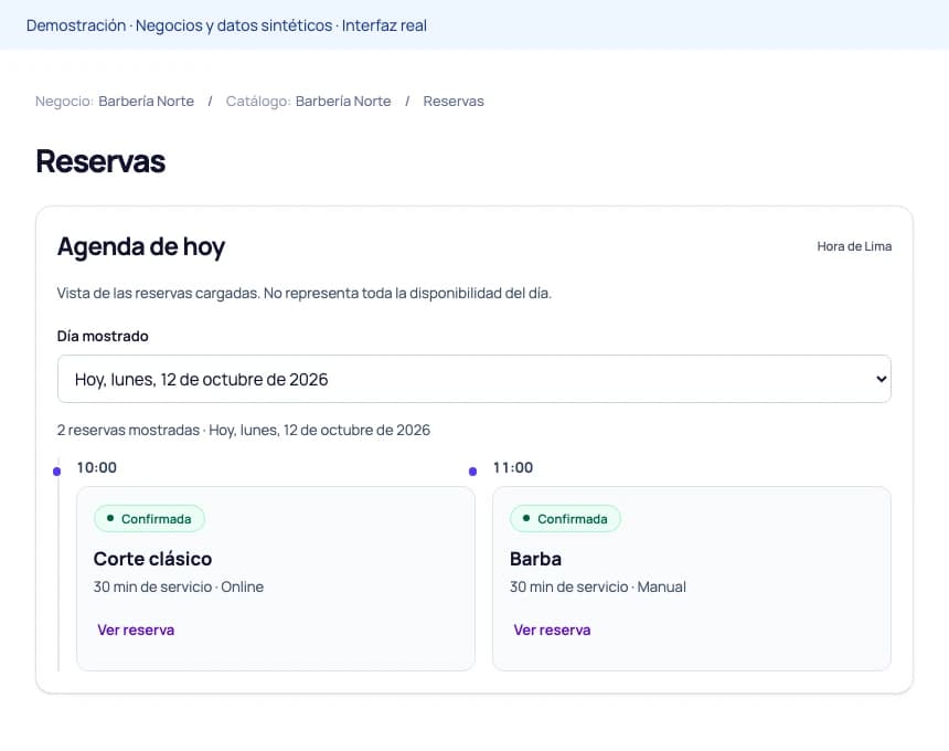 Agenda real del Negocio con dos reservas sintéticas, una online y otra manual. No contiene datos de clientes.