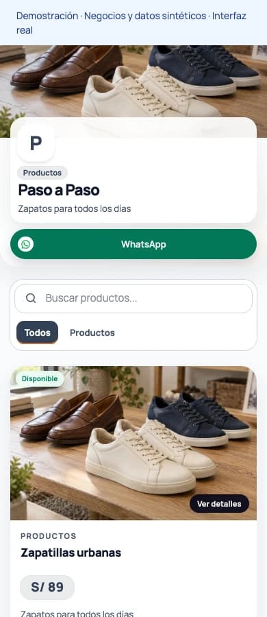 Interfaz pública real de productos con contenido sintético de Paso a Paso. Captura no interactiva.