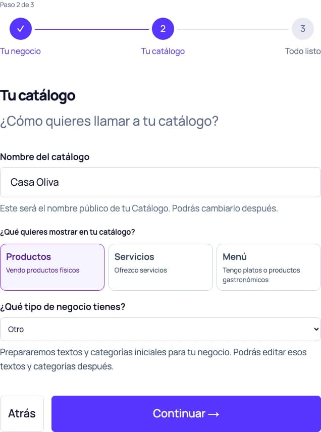 Onboarding real: nombre del catálogo, selección de Productos, Servicios o Menú y tipo de negocio. Datos de demostración.